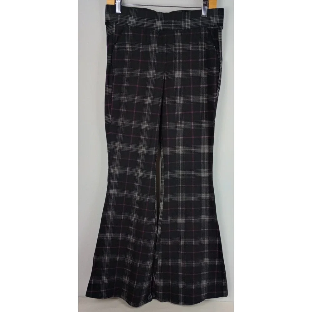 Torrid Women 1 Black Gray Purple Plaid Stretch Flared Bell Bottom Pull On Slacks